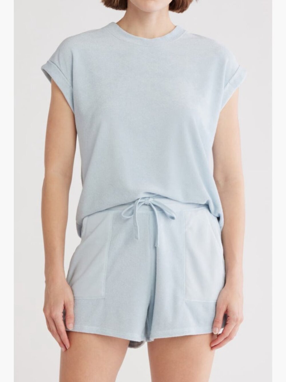 Splendid Terry 2 pc Set Drawstring Shorts and Top Light Blue Bleached Indigo M/L